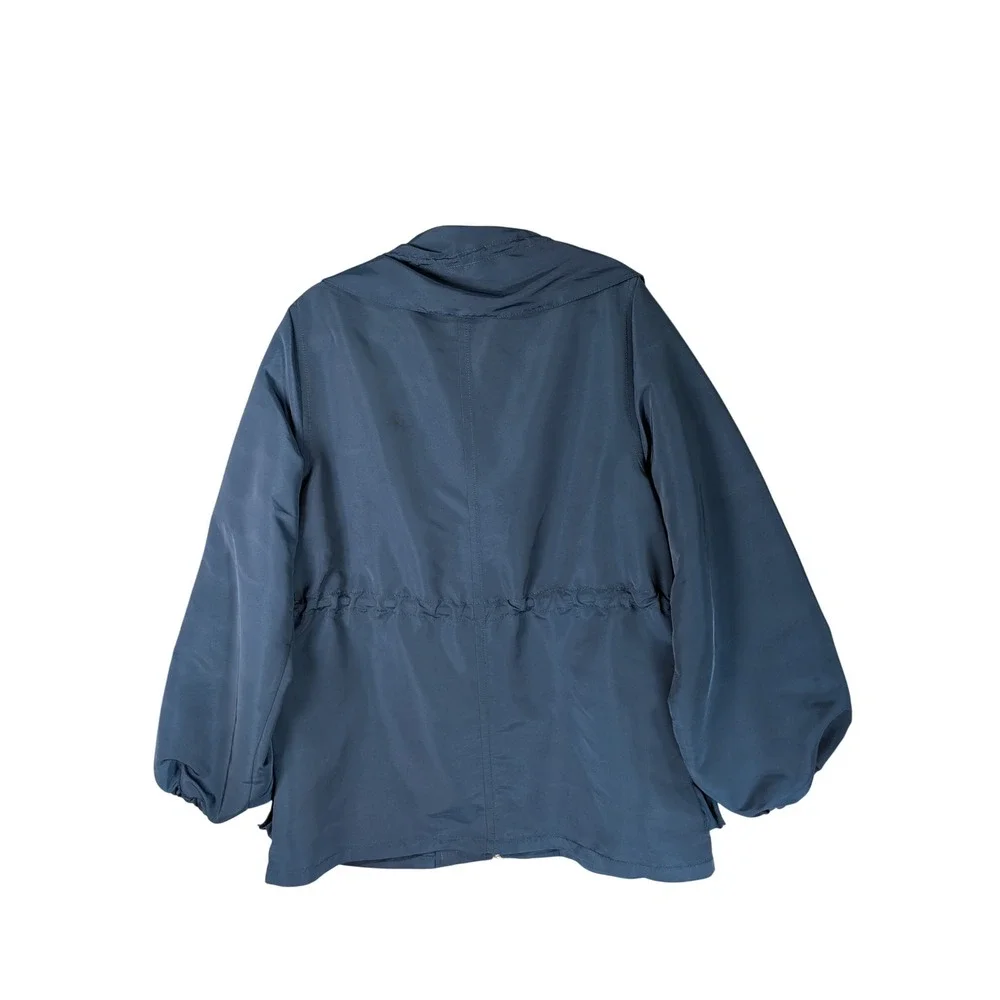 Ann Taylor Jacket Womens L Teal Blue Ruched Balloon Sleeve Utility Zip